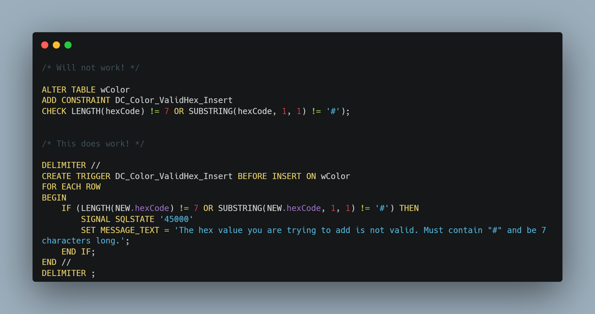 Code Snippet for Color Hex Code Constraint