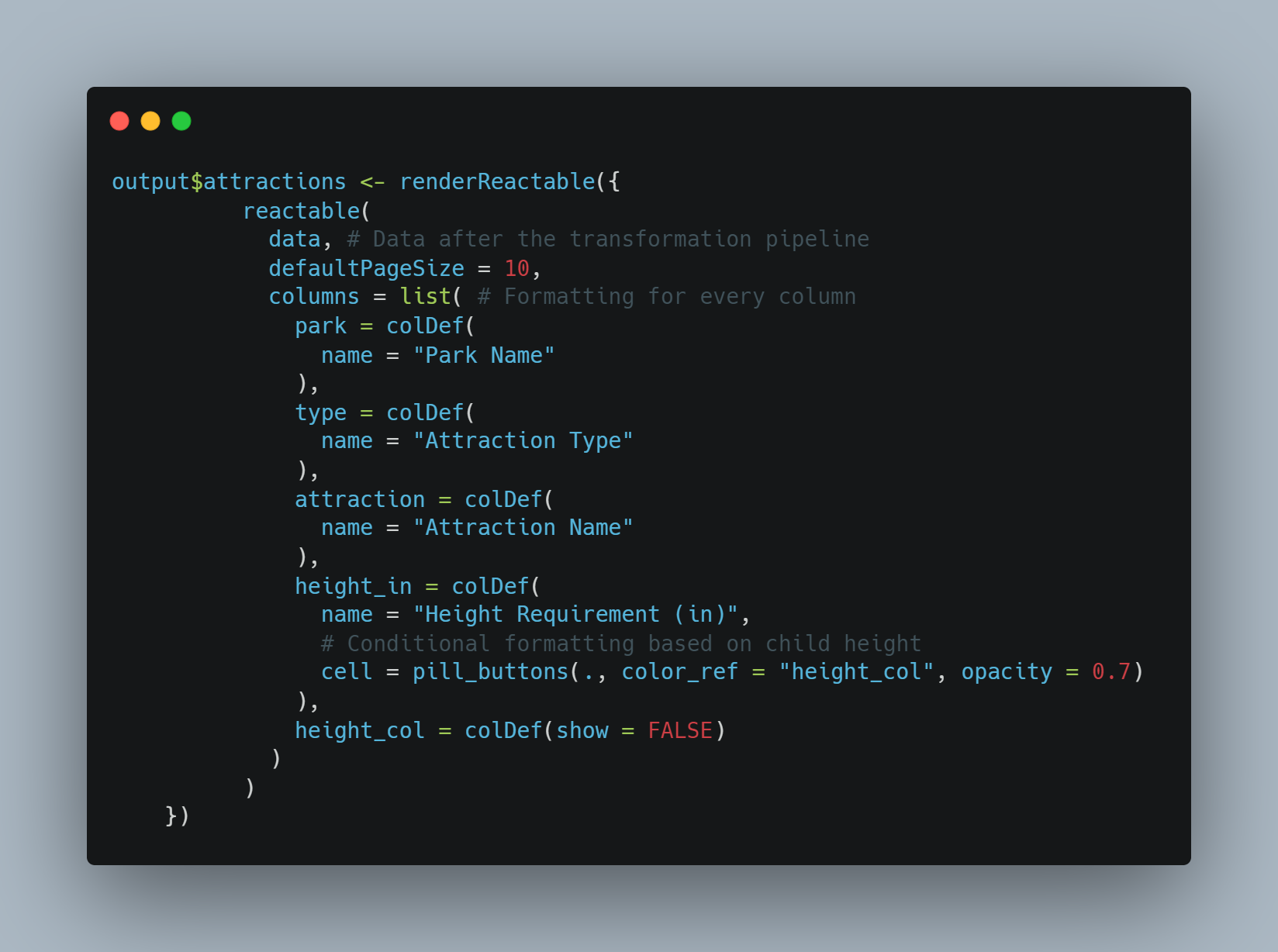 Code for Reactable Table Output & Formatting